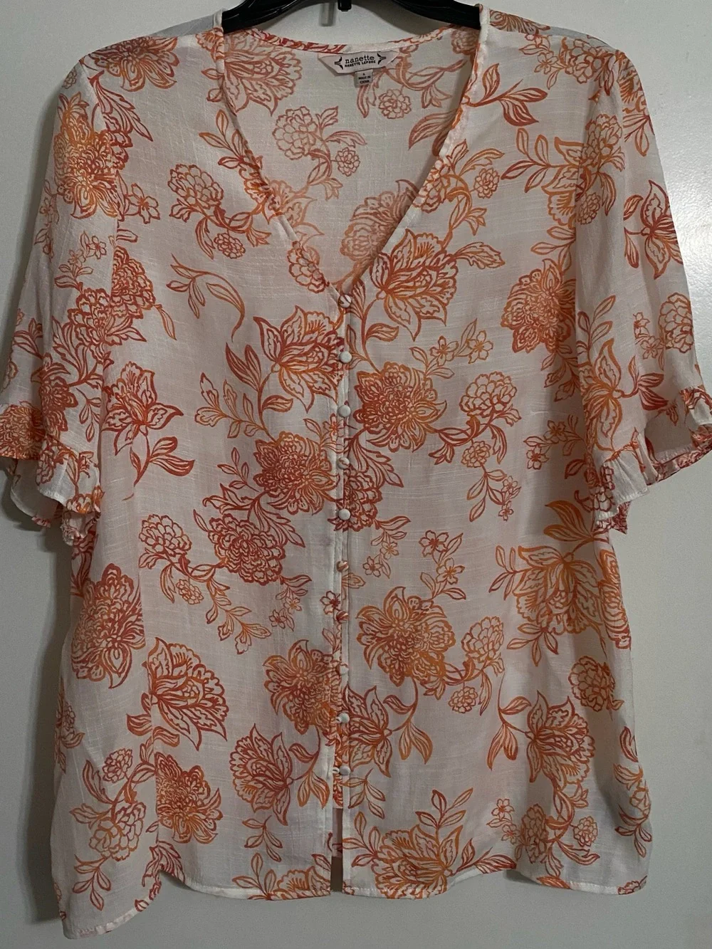 Nanette Lepore White Sheer Blouse with Orange Floral Print - Picture 1 of 4